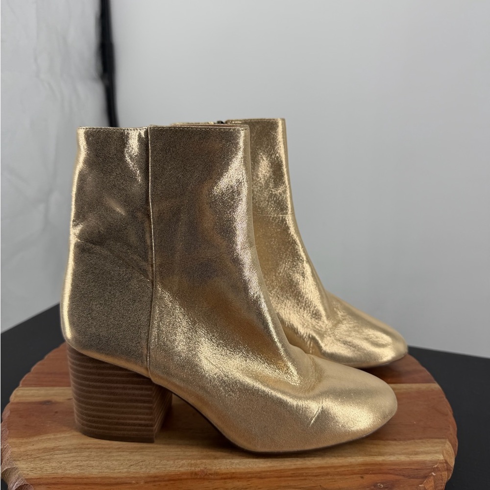 J CREW 6.5 Sadie Ankle Boots Gold‎ Leather Block Heel Megan Markle K0040